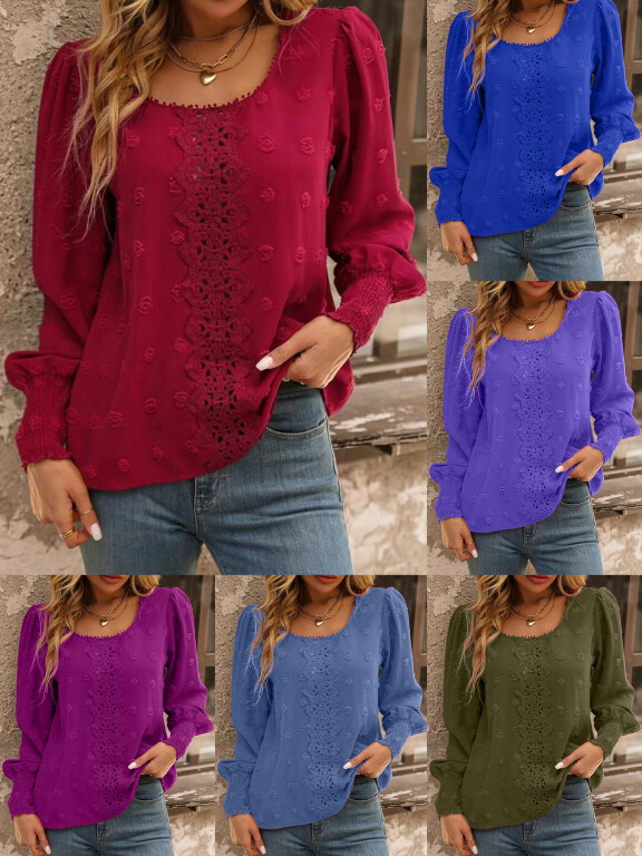 Women's Casual Plain Scoop Neck Swiss Dot Embroidery Long Sleeve Blouse, Clothing Wholesale Market -LIUHUA, WOMEN, Blouses-Shirts