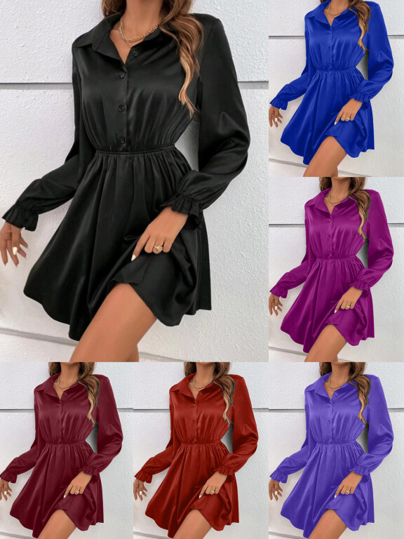 Women's Casual Plain Collared Long Sleeve Button Front Peplum Ruched Short Dress, Clothing Wholesale Market -LIUHUA, 