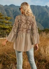 Wholesale Woman's Casual V Neck Bell Long Sleeve Floral Hollow Out Button Down Plain Top - Liuhuamall