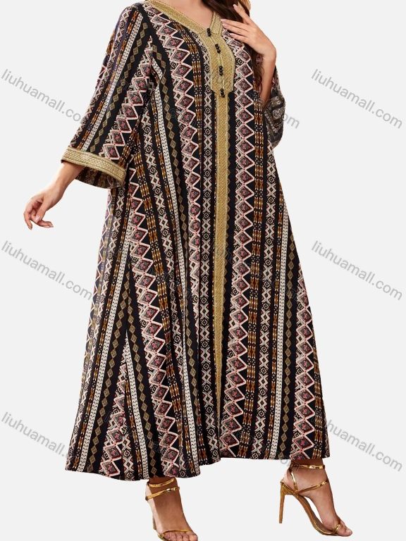 Wholesale Women's Casual Vintage Print V Neck 3/4 Sleeve Ruffle Hem Maxi Kaftan