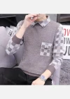 Wholesale Men's Casual Checkerboard Print Turn-down Collar 3/4 Sleeve Sweater - Liuhuamall