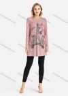 Wholesale Women's Casual Round Neck Eiffel Tower Print Long Rib-Knit Tunic - Liuhuamall